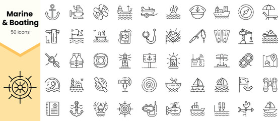 A comprehensive collection of marine and boating icons, showcasing essential tools and symbols for navigation and sailing, all in a minimalist design.