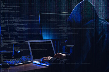 Cyber attack. Hacker working on computers in dark room. Digital code around him
