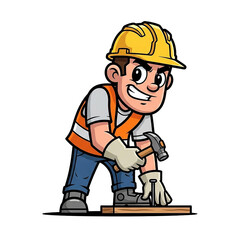 Construction Worker Cartoon Illustration Hammering Nail into Wood