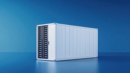 Modern White Cargo Container on Blue Background with Geometric Shadows