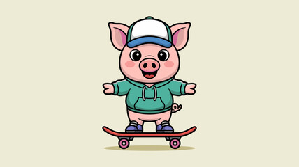 Cute Cartoon Pig Skater in a Hoodie With Solid Background.