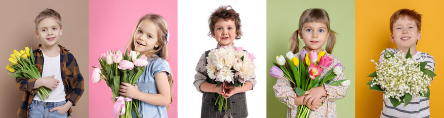 Cute children with bouquets of flowers on different color backgrounds. Collage of photos