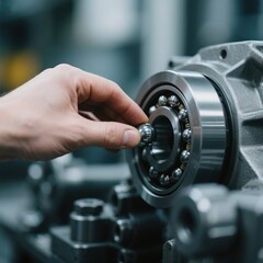 Close-up of a mechanic holding a shiny ball bearing and working on a complex machine in a workshop with blurred background showing metal parts, precision, and craftsmanship