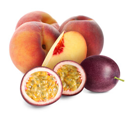 Tasty ripe passion and peach fruits on white background