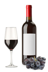 Luxurious red wine in bottle with blank label, glass and grapes isolated on white