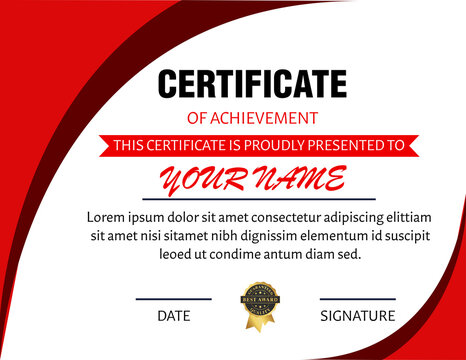 Certificate of achievement template with red accents and placeholder text