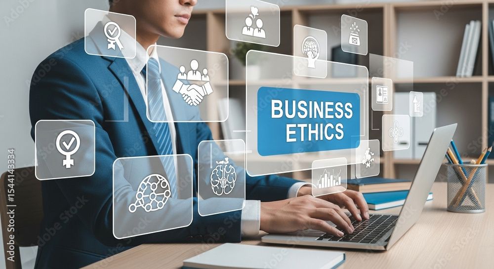 Poster man typing on laptop with business ethics graphic overlay in an office setting showing professionali