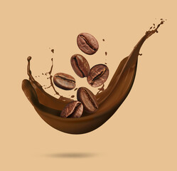 Coffee splash with roasted beans in air on dark beige background