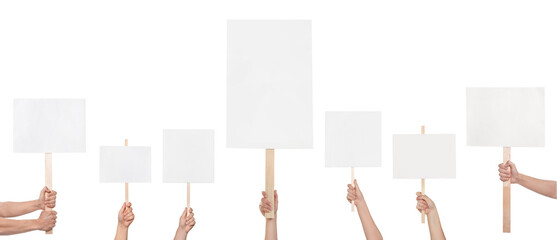 Fototapeta premium Group of people holding blank signs on white background, closeup. Mockup for design