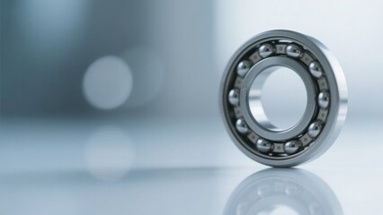 Close-up of a shiny new ball bearing with chrome balls and a metal ring, showcasing precision engineering and smooth motion, placed on a reflective surface with a blurred background.
