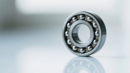 Close-up of a shiny metallic ball bearing with metal balls inside standing on a reflective white surface with a blurred background, perfect for industrial and mechanical themed projects .
