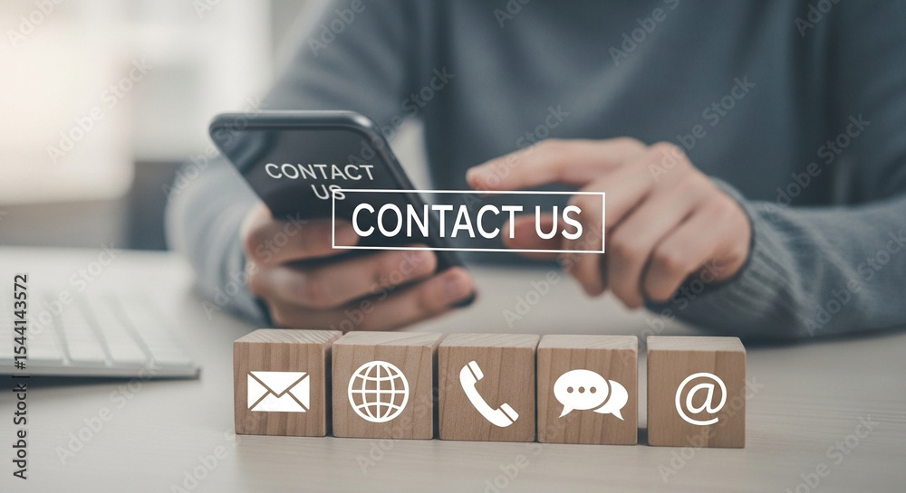 Poster person using phone with contact us message above wooden blocks with contact icons on the table top