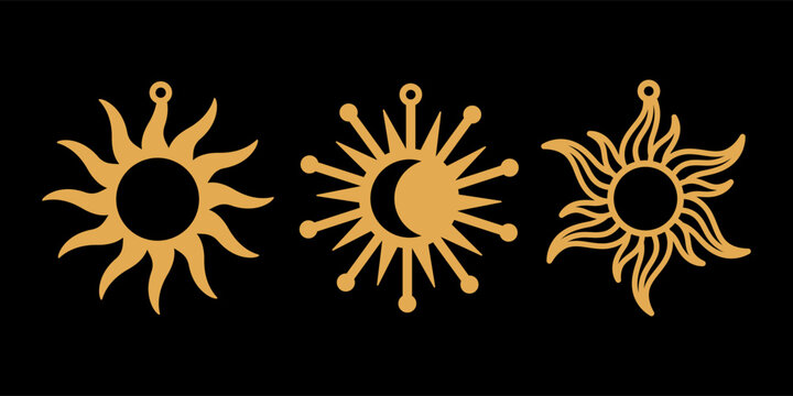 Sun shape vector designs for earrings, pendant or keychain. Jewelry silhouette cutting template in boho style. Laser cut with leather, wood or metal. Beautiful esoteric hanging bijouterie