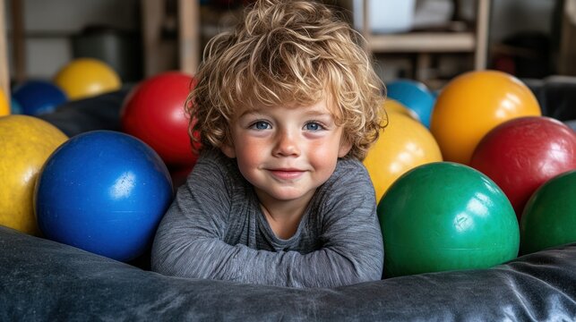 Adorable Little Boy Smiling in a Colorful Ball Pit