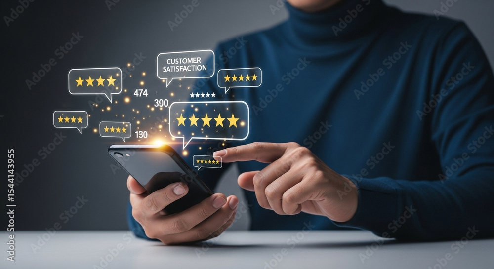 Poster Person using smartphone with customer satisfaction ratings and feedback displayed above screen