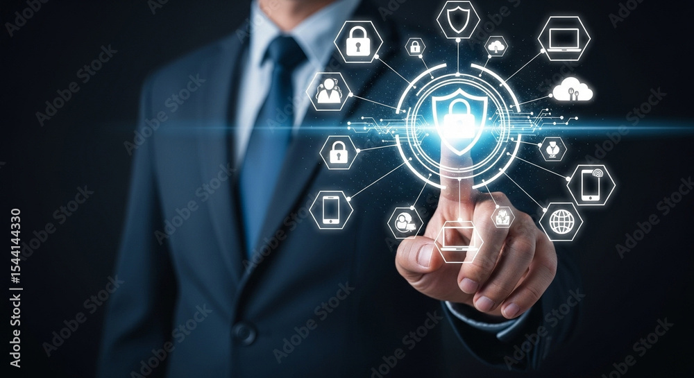 Poster businessman in suit interacting with digital security interface on a dark background display panel