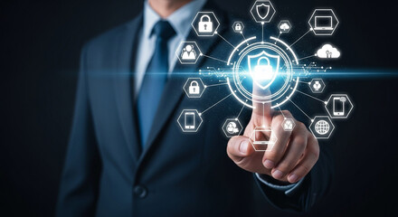 Businessman in suit interacting with digital security interface on a dark background display panel
