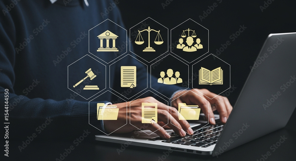 Poster person typing on a laptop with legal icons floating above the keyboard in a dark setting
