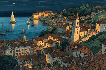 drawing illustration of historic Mediterranean port city with sailboats and yachts in bay at night