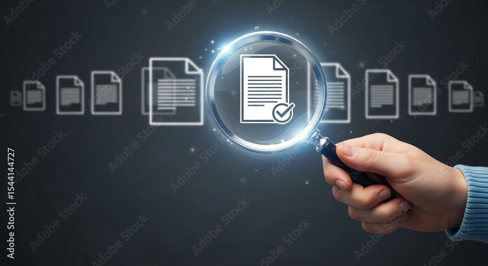 Poster A hand holding a magnifying glass over a document with a checkmark in a digital environment