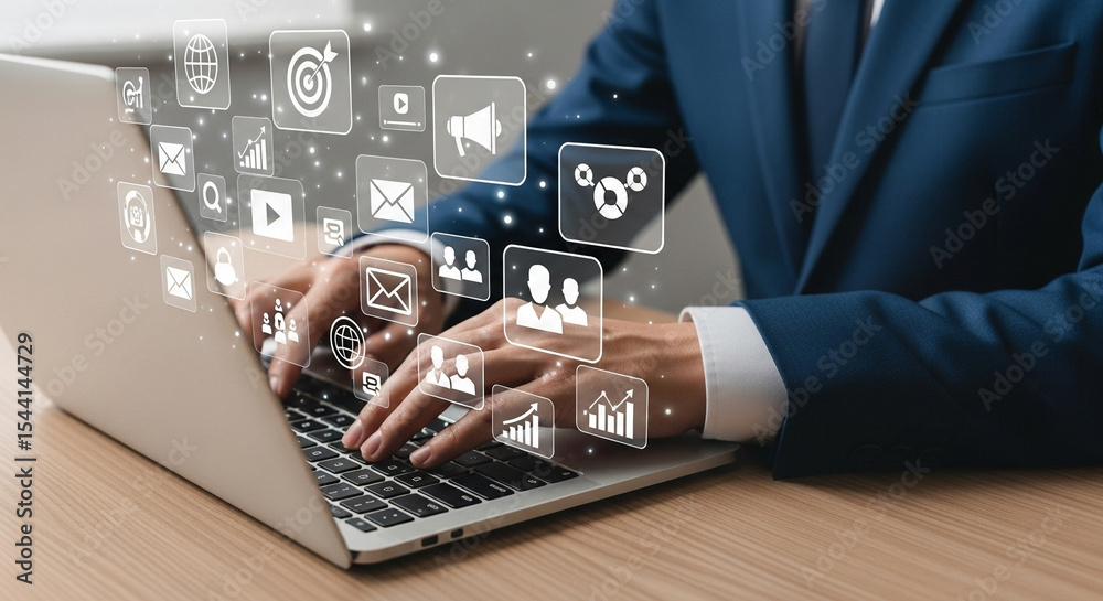 Poster businessman typing on laptop with digital marketing icons floating above the keyboard and desk surfa
