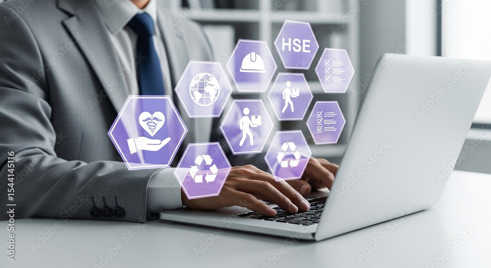 Poster man typing on laptop with hse icons floating above keyboard in a modern office environment setting
