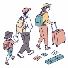 Family traveling together with luggage backpacks