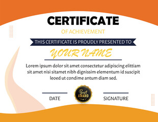 Certificate of achievement with orange accents and best award emblem view