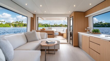 Fototapeta premium Modern Luxury Boat Interior with Scenic Waterfront View and Comfortable Seating