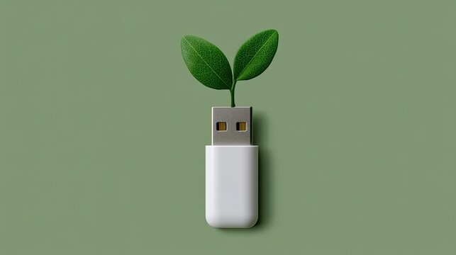 USB Drive with Green Leaves on Green Background