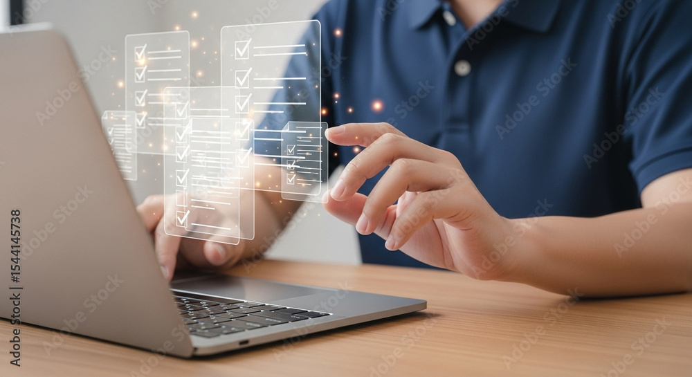 Poster person interacting with digital checklist on laptop screen in a modern office setting view