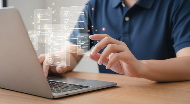 Person interacting with digital checklist on laptop screen in a modern office setting view
