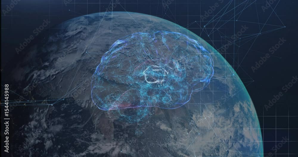 Poster upon earth floating brain hologram appearing, rotating and pulsing nodes visualizing data flow
