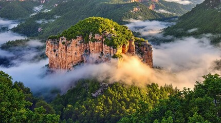 Towering rock formation piercing clouds in lush green valley, lit by warm sunlight