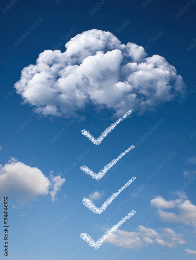 Poster cloud storage safety checklist with checklist marks against a blue sky backdrop showcasing fluffy cl