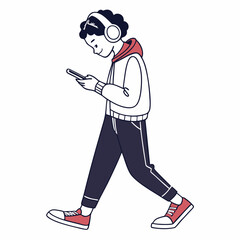 Young person walking listening music smartphone