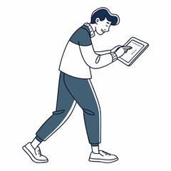 Young man walking using tablet digital device