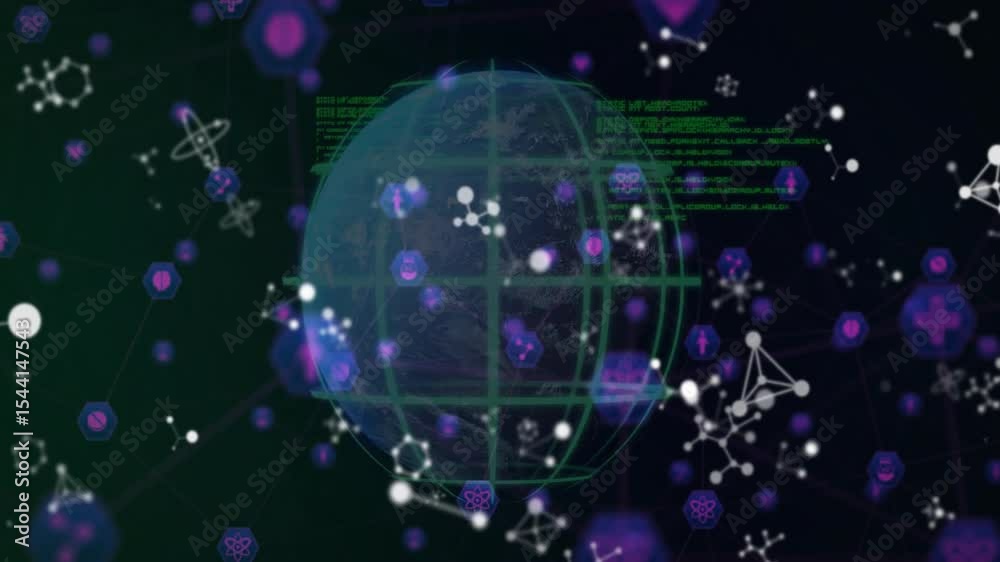Poster grid sphere appearing, molecular nodes orbiting while hex icons pulsing visualizing health data