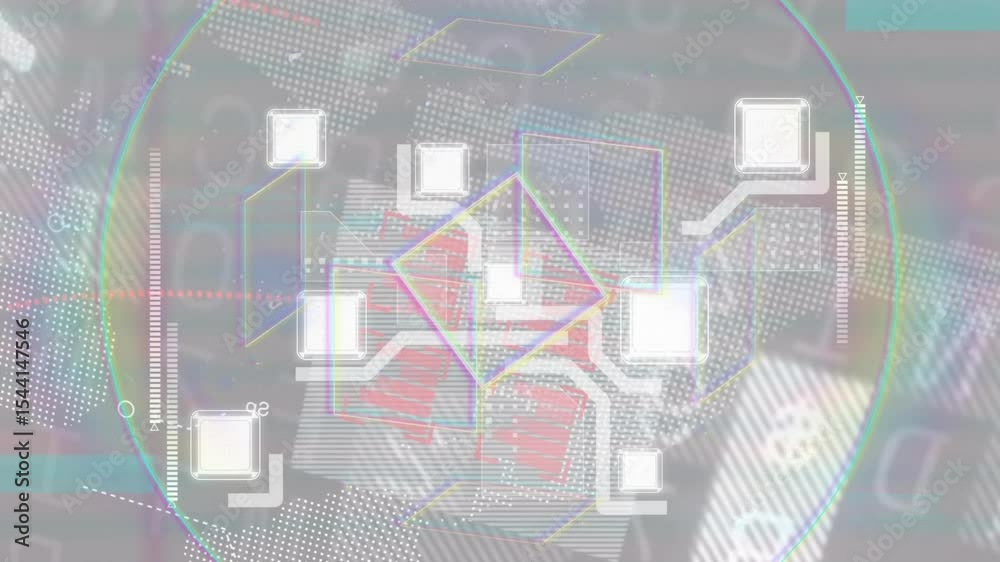 Poster on opening central node pulsing, fading in square nodes, scanning ring animating network data flow