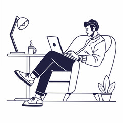 Man working on laptop in comfortable chair, clean cutout