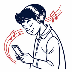 Boy listening to music on smartphone headphones