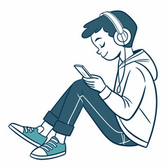 Teen boy listening music smartphone headphones