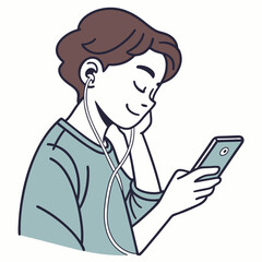 Young person listening music smartphone earbuds