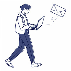 Professional person walking laptop email sending illustration