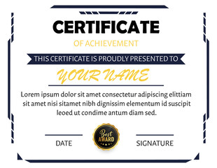 A certificate of achievement with border and text and a best award seal