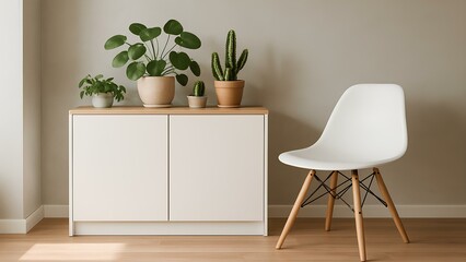 minimalist living room with white cabinet and plants, scandinavian interior design, modern home decor for relaxing spaces
