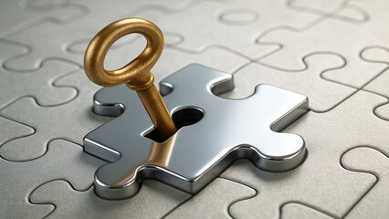 puzzle piece with golden key, concept of solution and success, business strategy and problem solving illustration