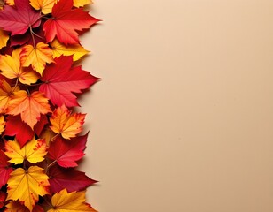 Obraz premium vibrant autumn leaves arranged in a row on the left side of the image, set against a warm background, plenty of copy space on the right for photo use.