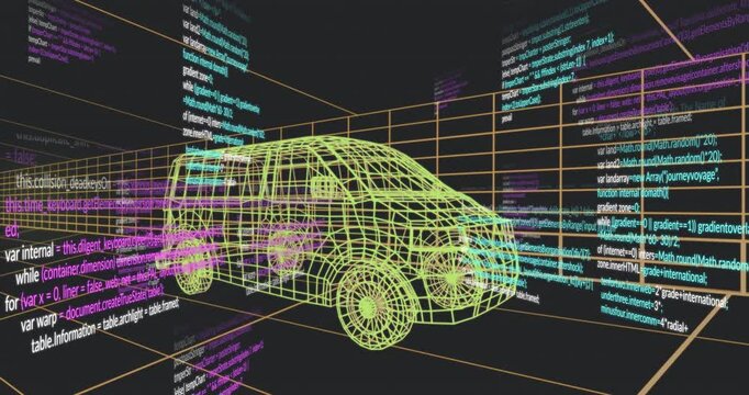 3D wireframe igniting yellow van revealing while magenta and cyan code surrounding for data flow