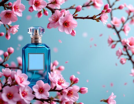 elegant blue perfume bottle amidst blooming pink cherry blossom artistry, on the right with copy space on the left.